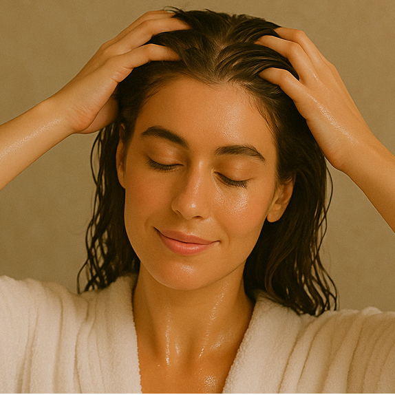 Smiling woman massaging oil into her scalp with her hand in a champi motion — showing the joy and benefits of traditional hair oiling