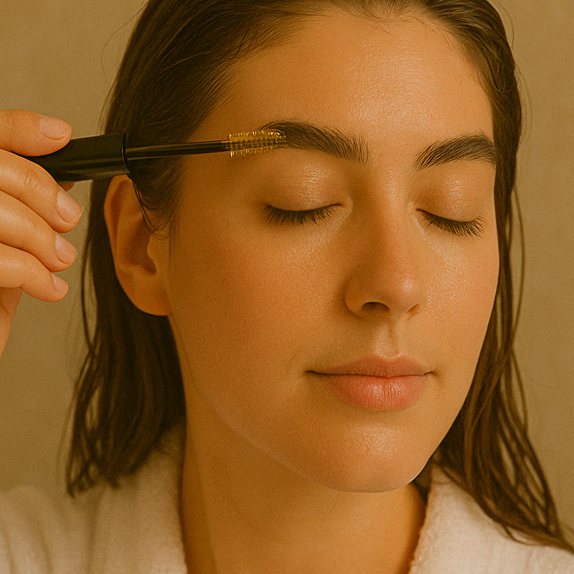 Woman gently applying oil to her eyebrows using an eyelash wand — showing brow care and natural growth ritual