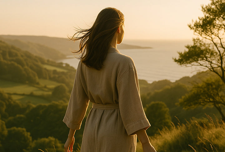 Peaceful woman in a robe, hair flowing in the wind atop a hill, gazing at lush green land and a river, symbolising harmony with nature on Brit Finds