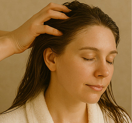 Woman applying oil to another woman’s scalp and hair, while the recipient shows relaxed, peaceful facial features — highlighting the calming and nourishing benefits of oiling