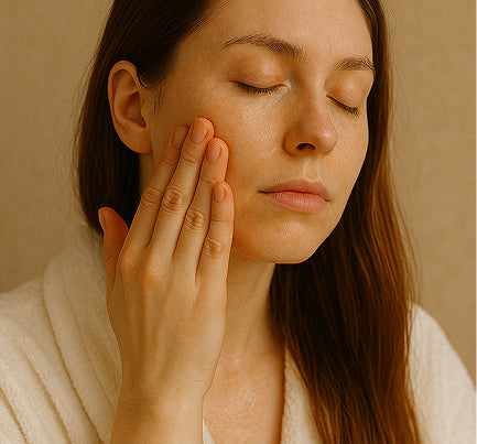 Woman gently applying oil to her cheeks with four fingers and closed eyes — expressing calmness, facial nourishment, and skincare self-care