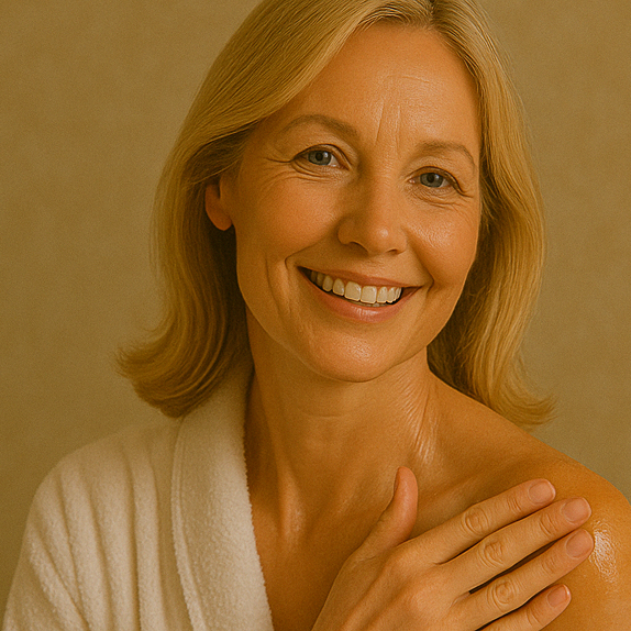 Woman with a calm, minimal smile during a beauty ritual — expressing happiness, self-care, and inner glow