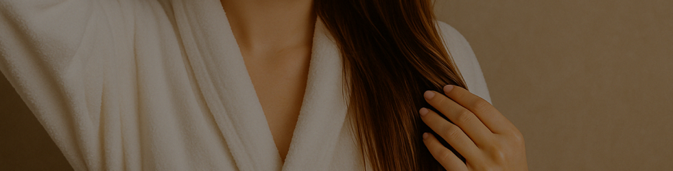 Woman with flawless, nourished hair, eyes closed and wearing a soft smile — representing the hair-strengthening and beauty benefits of castor oil for desktop view