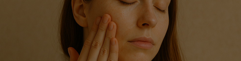 Woman with glowing skin and closed eyes gently touching her cheeks with four fingers — representing skin hydration and the nourishing benefits of castor oil