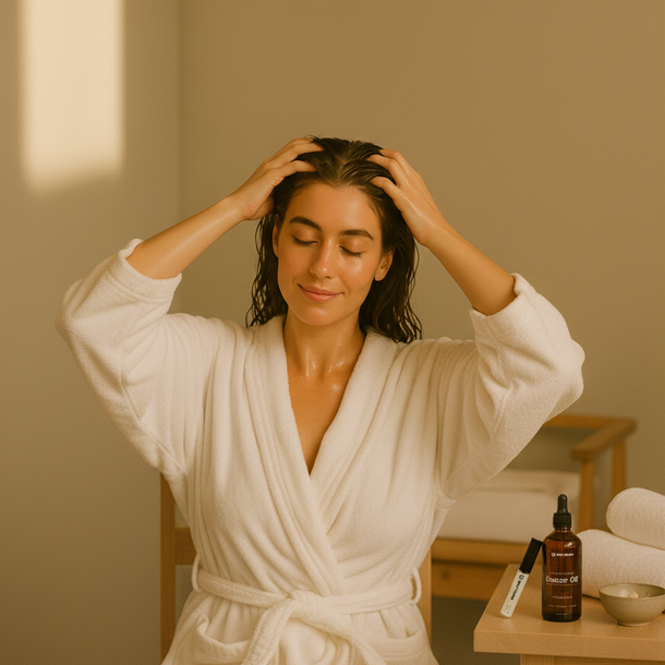 Woman in a white robe sitting in a room with a table holding skincare Smiling woman massaging oil into her scalp with her hand in a champi motion — showing the joy and benefits of traditional hair oiling products.