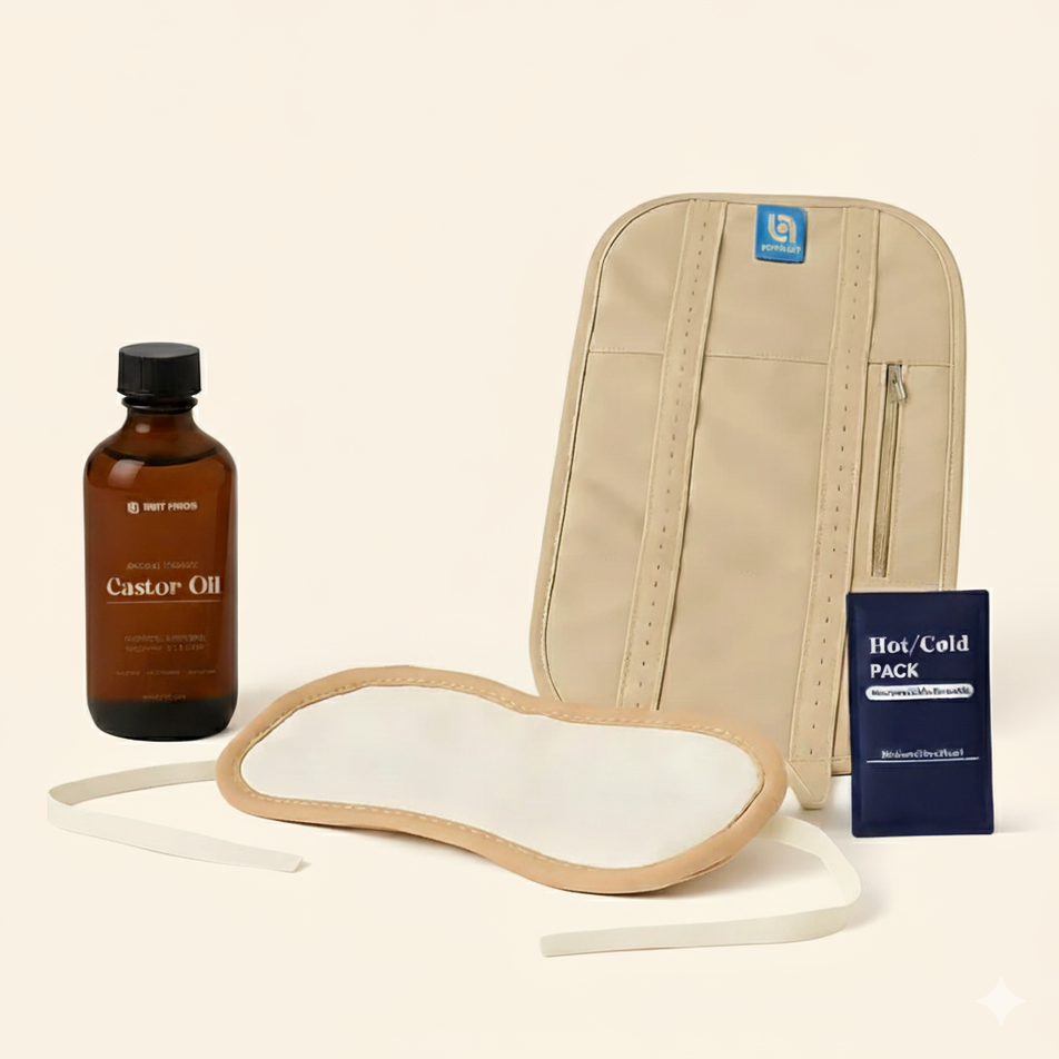 Ancient Essence Castor Oil Kit displayed neatly on a beige surface — featuring a 100ml castor oil bottle, waist wrap, neck wrap, and a reusable blue hot and cold pack. This natural wellness set is designed for full-body detox, improved circulation, pain relief, and relaxation therapy