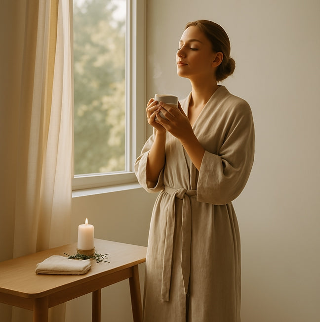 Serene woman in a robe, standing beside a window, eyes closed in relaxation, tea in hand, with a softly glowing candle — a moment of peace with Brit Finds