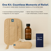 Full Ancient Essence Castor Oil Kit image showing 100 ml oil bottle, waist and neck wraps, and hot-cold pack at the bottom, with four key benefits listed at the top — including detox support, pain relief, inflammation reduction, and improved circulation 