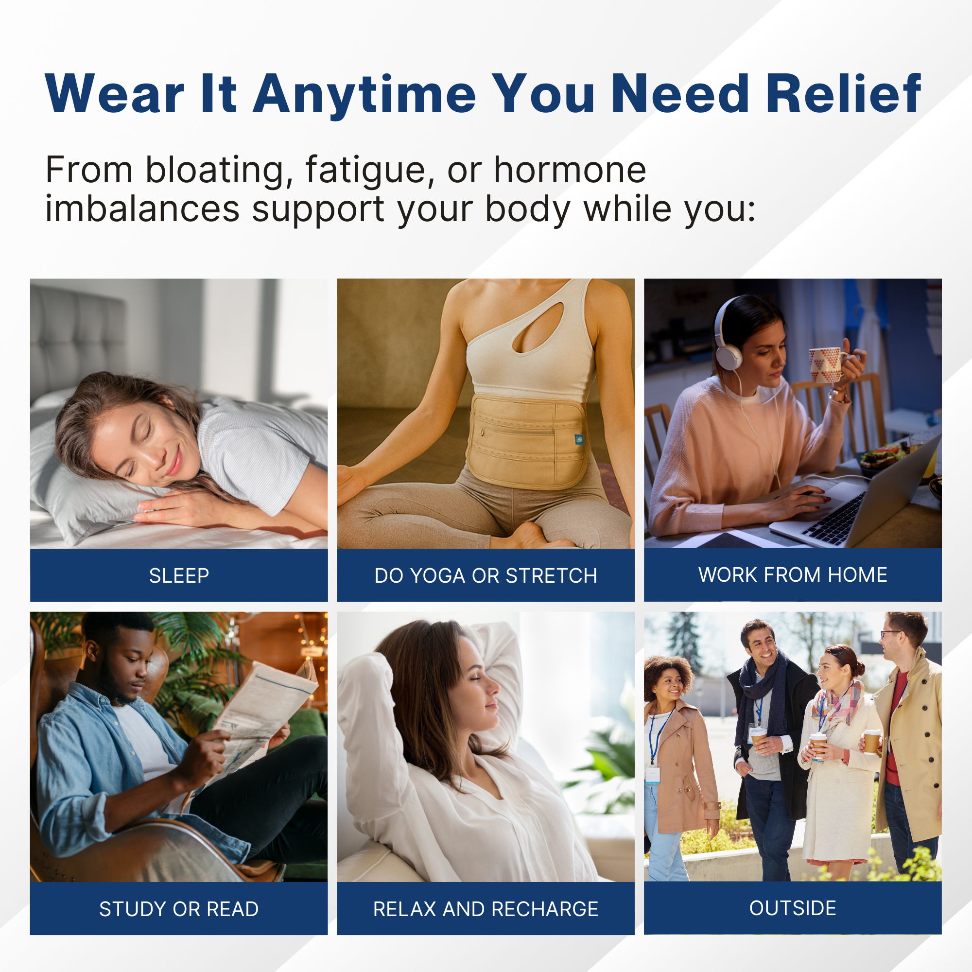 Lifestyle showcase image with heading 'Wear it anytime you need relief' — showing various everyday uses of the castor oil wrap including sleep, yoga and meditation, working from home, studying, relaxing, and outdoor use, with corresponding images and captions below 