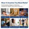 Lifestyle showcase image with heading 'Wear it anytime you need relief' — showing various everyday uses of the castor oil wrap including sleep, yoga and meditation, working from home, studying, relaxing, and outdoor use, with corresponding images and captions below 