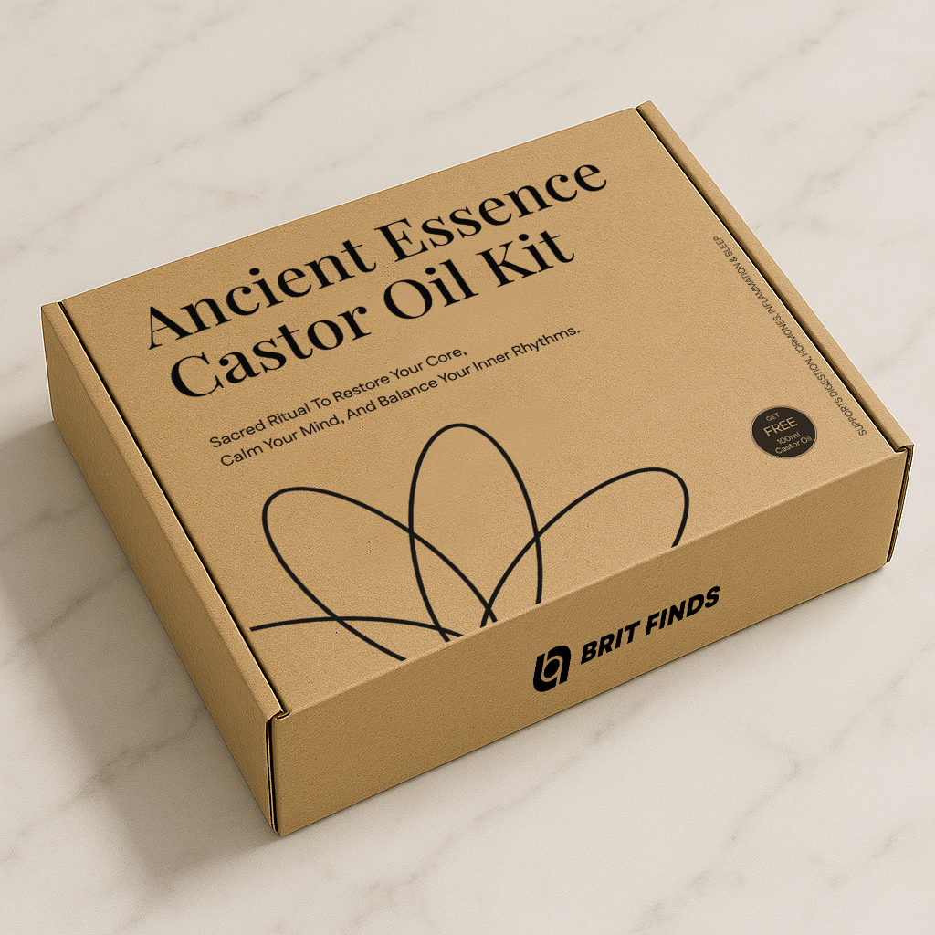 Ancient Essence Castor Oil Kit box placed on white and grey marble background — highlighting premium packaging and clean natural design for desktop view
