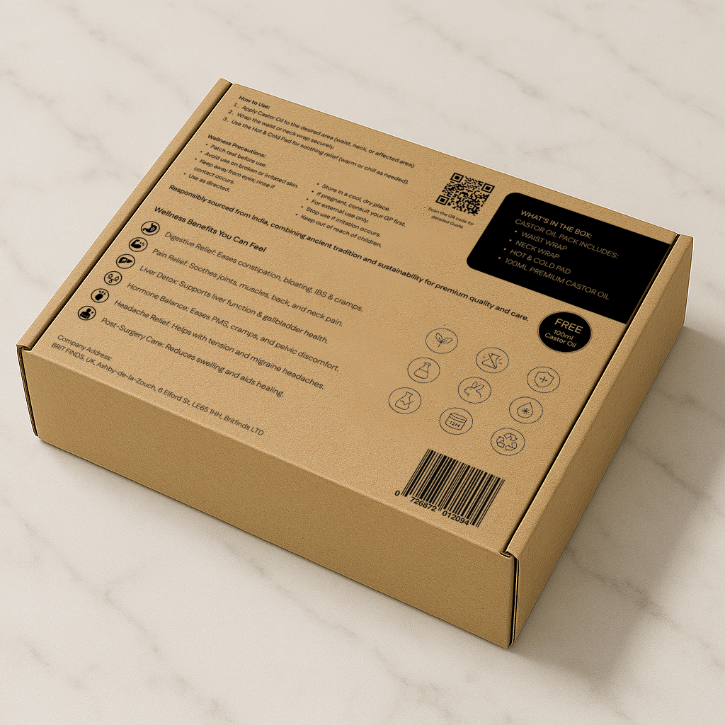 Back side of Ancient Essence Castor Oil Kit box showing full product details — includes application instructions, usage, precautions, and ingredients on white-grey marble 
