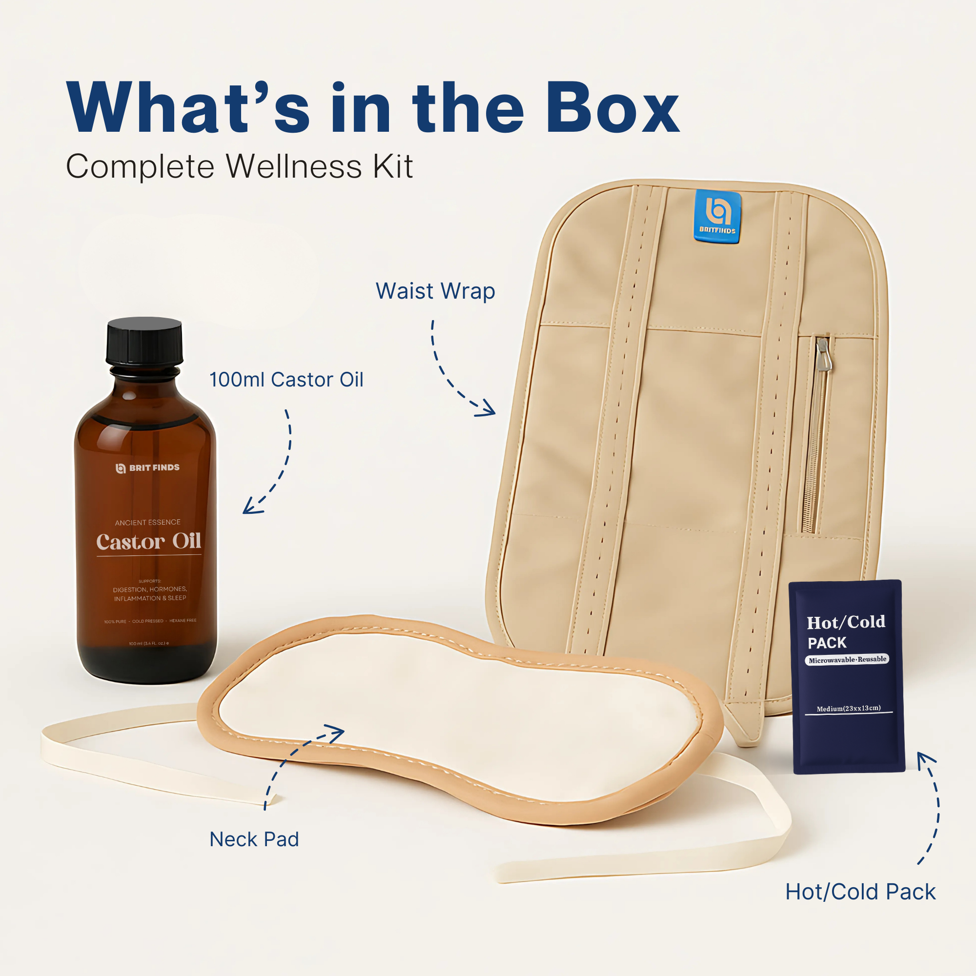 Contents of the Ancient Essence Castor Oil Kit displayed on a flat surface with blue arrows pointing to each item — includes 100 ml castor oil bottle, waist wrap, neck wrap, and hot and cold pack, with clear text at the top saying 'What's Inside the Box' 
