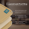 Diagram of 3-layer leak-proof castor oil wrap design showing each layer — soft top cotton layer, absorbent middle core, and waterproof bottom barrier — with labeled cross-section and heading '3-Layer Leak-Proof Design'