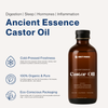 BritFinds 100 ml castor oil bottle on right with left-side text showing benefits like 'For digestion, hair, and skin' at the top, and qualities like 'Cold-pressed, 100% organic, eco-conscious packaging' at the bottom 
