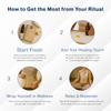 Visual guide showing 4-step ritual for using Ancient Essence Castor Oil Kit — Start Fresh, Apply Oil, Wrap, and Relax — with simple icons and text instructions 
