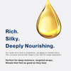 Thick, golden castor oil drop dripping on right side — showcasing the rich texture and natural consistency of BritFinds oil, with product benefits text on the left 