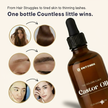 BritFinds 100ml Organic Castor Oil bottle displayed on the right side with the headline text ‘One Bottle. Countless Benefits.’ on a beige background. The left side features before-and-after visuals with blue arrows highlighting visible improvements in hair thickness, glowing skin, and fuller brows, showcasing the natural effectiveness of BritFinds castor oil.