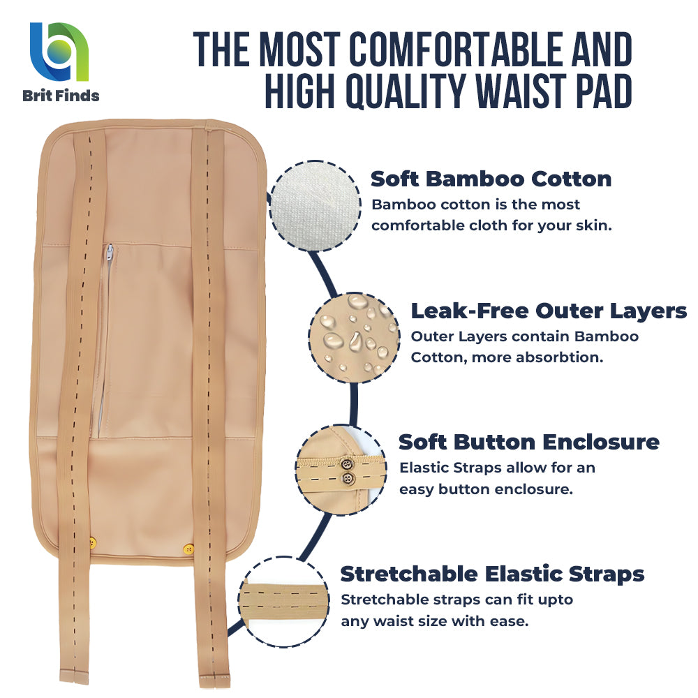 "Brit Finds high quality waist pad with soft bamboo cotton, leak-free outer layers, soft button enclosure, and stretchable elastic straps for comfort and ease of use.