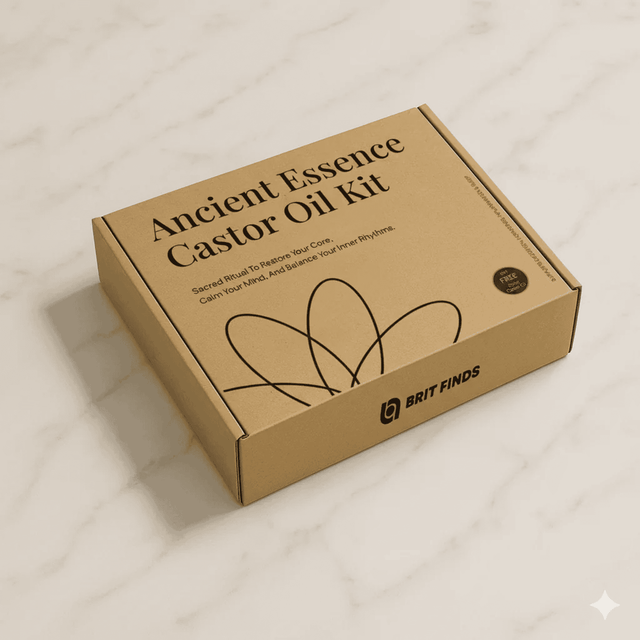 Ancient Essence Castor Oil Kit box on a white and grey marble beige floor