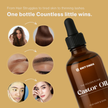 BritFinds 100 ml castor oil bottle on right side with top text 'One Bottle. Countless Benefits.' Left side features before-and-after images for hair, skin, and brows showing visible improvements 
