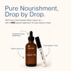 ALT: Feature graphic of BritFinds 100 ml castor oil bottle with arrows pointing to key elements — labeled 100 ml bottle, easy application oil droplet, and free eyelash tube — designed to explain included components and usage 