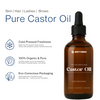 BritFinds 100 ml castor oil bottle with droplet-style cap shown on the right, top section listing product benefits like skin nourishment and digestion support, and left side featuring cold-pressed, 100% organic, and eco-conscious packaging 
