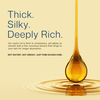 Visual of rich golden drop of BritFinds castor oil on the right side, with text on the left reading 'Thick. Not greasy. No water. Just pure golden care.' — highlighting oil purity and quality 

