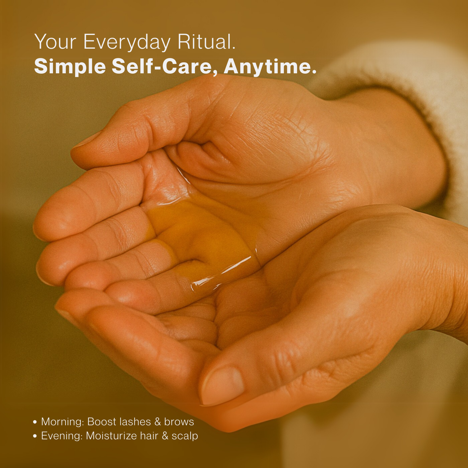 BritFinds castor oil shown in cupped palms with text 'Your Everyday Ritual' at top and icons or text at bottom showing morning and night usage
