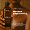 Brown-toned woman holding a Brit Finds 200ml castor oil bottle, embraced by soft light, symbolizing empowerment and natural care embraced by every woman.