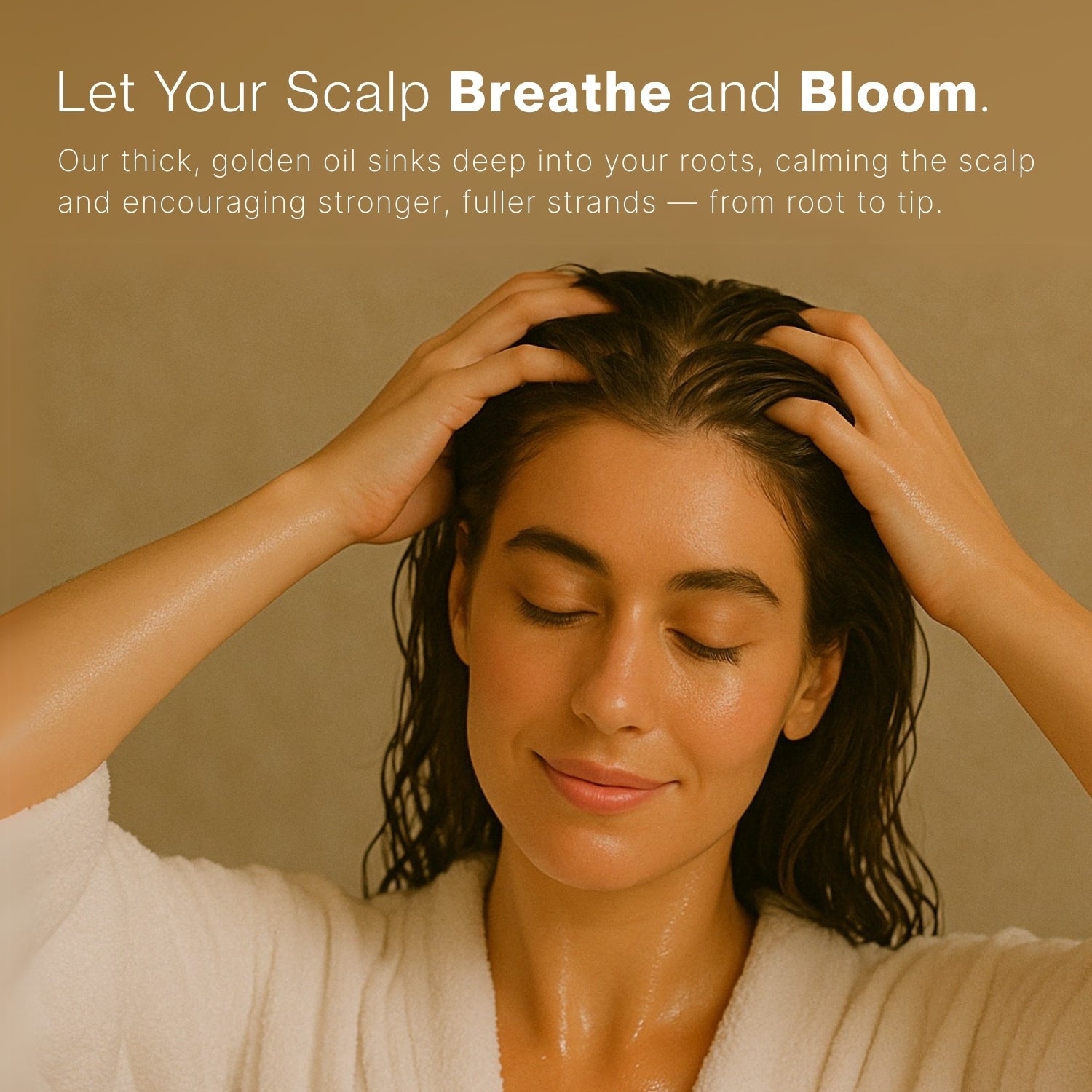 Woman applying castor oil to her hair, with visible shine and full coverage. Text on the image reads 'Let your scalp breathe and bloom,' highlighting natural hair care and nourishment