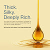 Visual of rich golden drop of BritFinds castor oil on the right side, with text on the left reading 'Thick. Not greasy. No water. Just pure golden care.' — highlighting oil purity and quality 