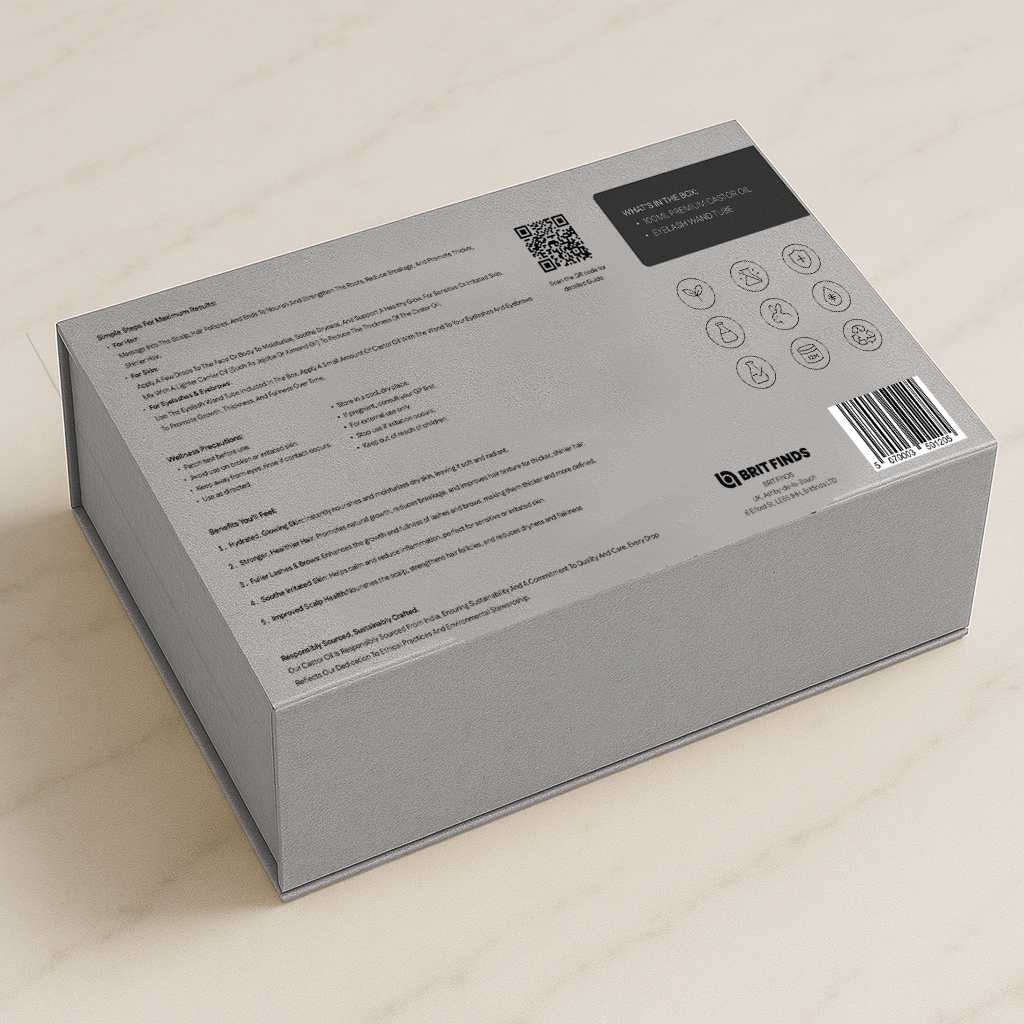 Back side of Brit Finds 100 ml Castor Oil box in grey color showing product instructions, ingredients, and usage details in black text