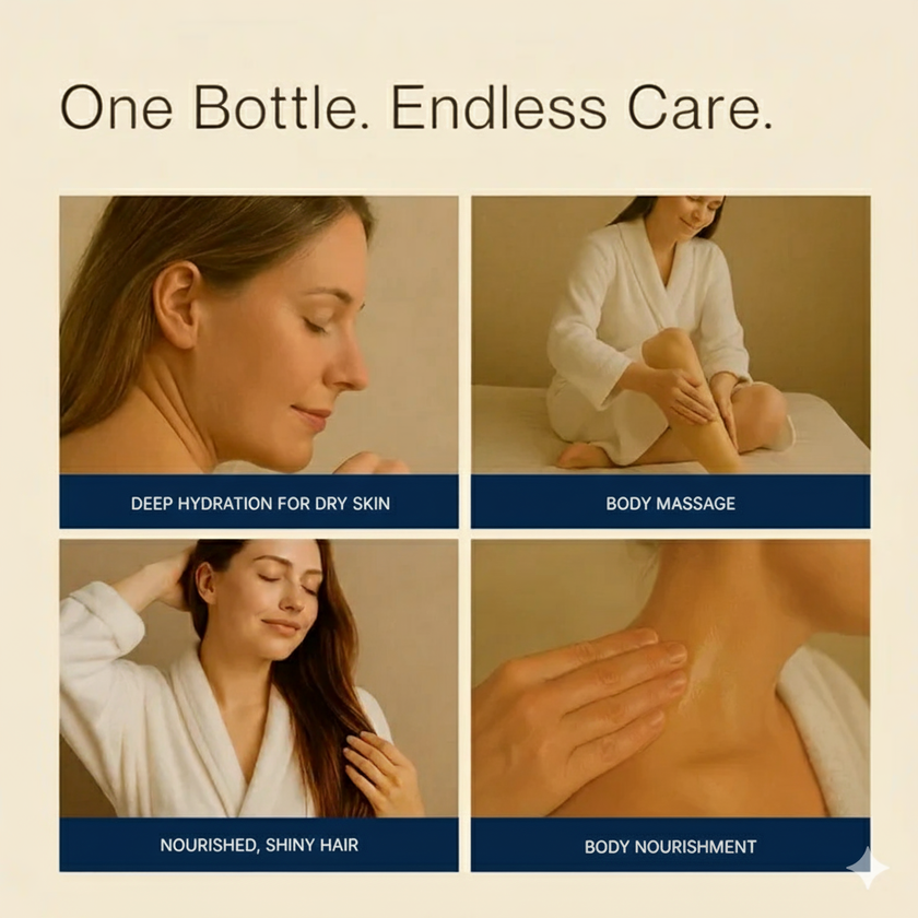 Collage of four self-care uses of BritFinds Ancient Essence castor oil: deep hydration for dry skin, body massage, shiny nourished hair, and body nourishment under heading 'One Bottle. Endless Care.