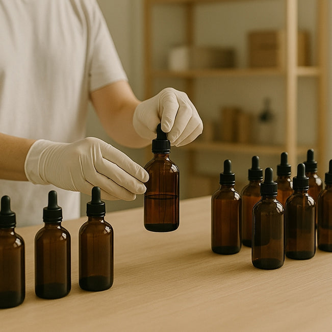 Brit Finds mission banner showing castor oil bottles being processed with a woman in white gloves, highlighting commitment to safe, high-quality natural wellness