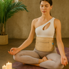 Woman sitting on the floor in a relaxed yoga pose with eyes closed, wearing a waist wrap around her belly and taking a deep breath — representing calmness and natural healing
