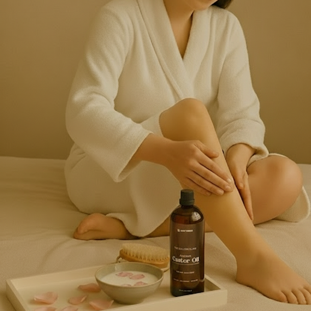 A woman sitting while gently applying 200ml castor oil to her leg with her hands, beside a tray filled with the castor oil bottle, skincare products, a bowl of milk, and rose petals, symbolizing deep body nourishment and natural skin hydration.