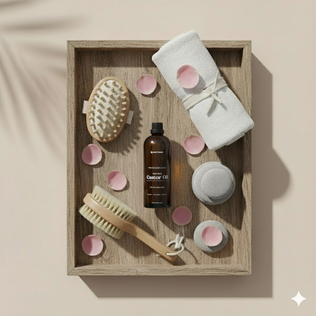 200ml castor oil bottle placed at the center of a wooden tray surrounded by skincare and bodycare essentials like a towel, brush, and cotton pads, displayed against a plain background to highlight the natural wellness and self-care benefits of cold-pressed castor oil.