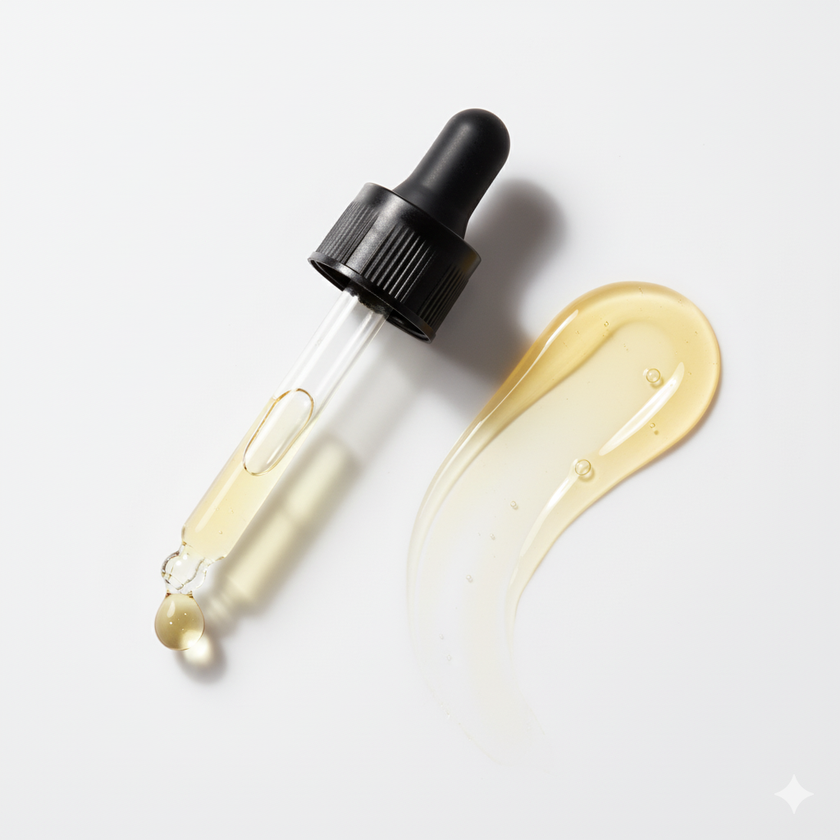 Close-up of 100ml castor oil texture with a dropper releasing a pale yellowish hue oil drop, highlighting the thick, pure consistency and natural cold-pressed quality of the castor oil.