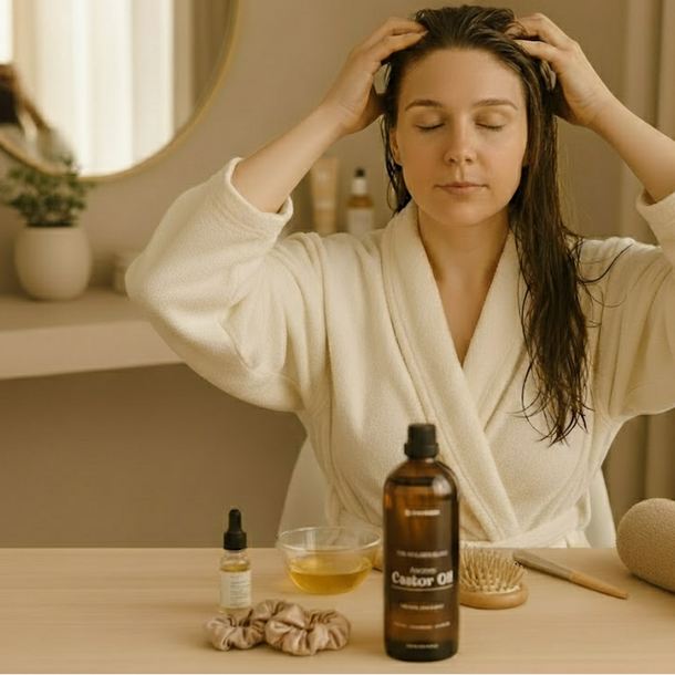 A woman massaging 200ml castor oil into her scalp and hair roots with her hands, surrounded by hair care items including a comb, silk scrunchie, castor oil bottle, and a glass cup of oil, set against a luxury home background symbolizing nourishment and self-care.