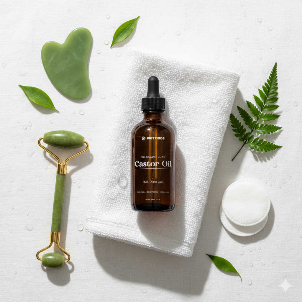 Castor oil bottle placed on a white towel with jade roller, gua sha stone, and green leaves, showcasing a natural skincare and beauty routine setup