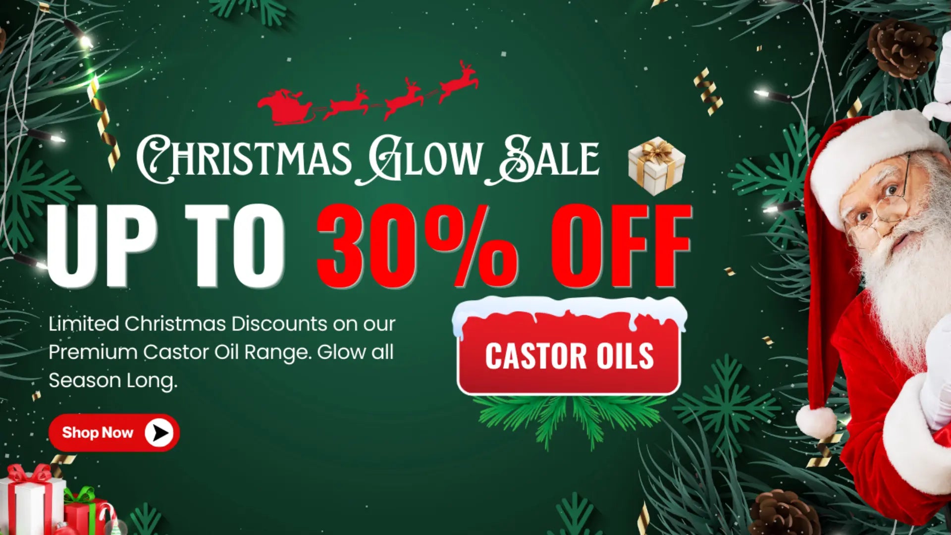 Promotional banner for Christmas Glow Castor Oil Sale with Santa Claus and Christmas decorations on a green background
