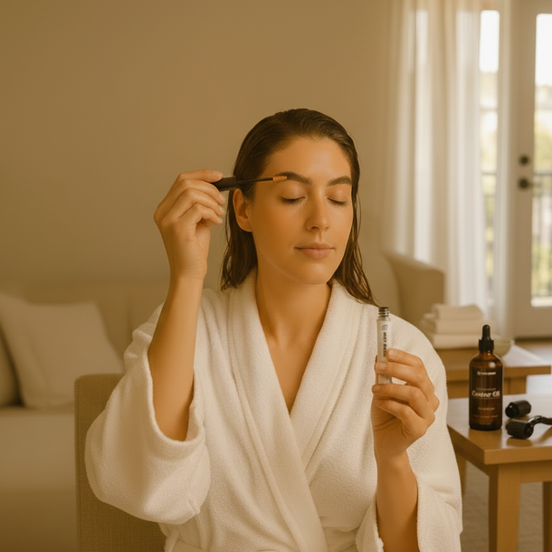 A woman seated beside a table with a towel and a 100ml castor oil product, wearing a robe and applying castor oil to her eyebrows using an eyelash tube applicator to show eyebrow nourishment and natural growth.