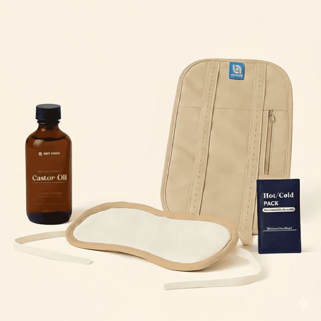 Ancient Essence Castor Oil Wrap Kit with a 100ml castor oil bottle, waist wrap, neck wrap, and a reusable blue hot and cold pack.