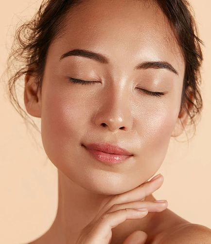 Woman with glowing skin and closed eyes, finger resting on chin with a peaceful smile — representing natural skin health and radiance