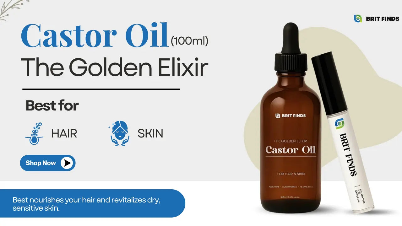 Brown bottle with dropper labeled 100 ml Castor Oil and white tube on a light gray background