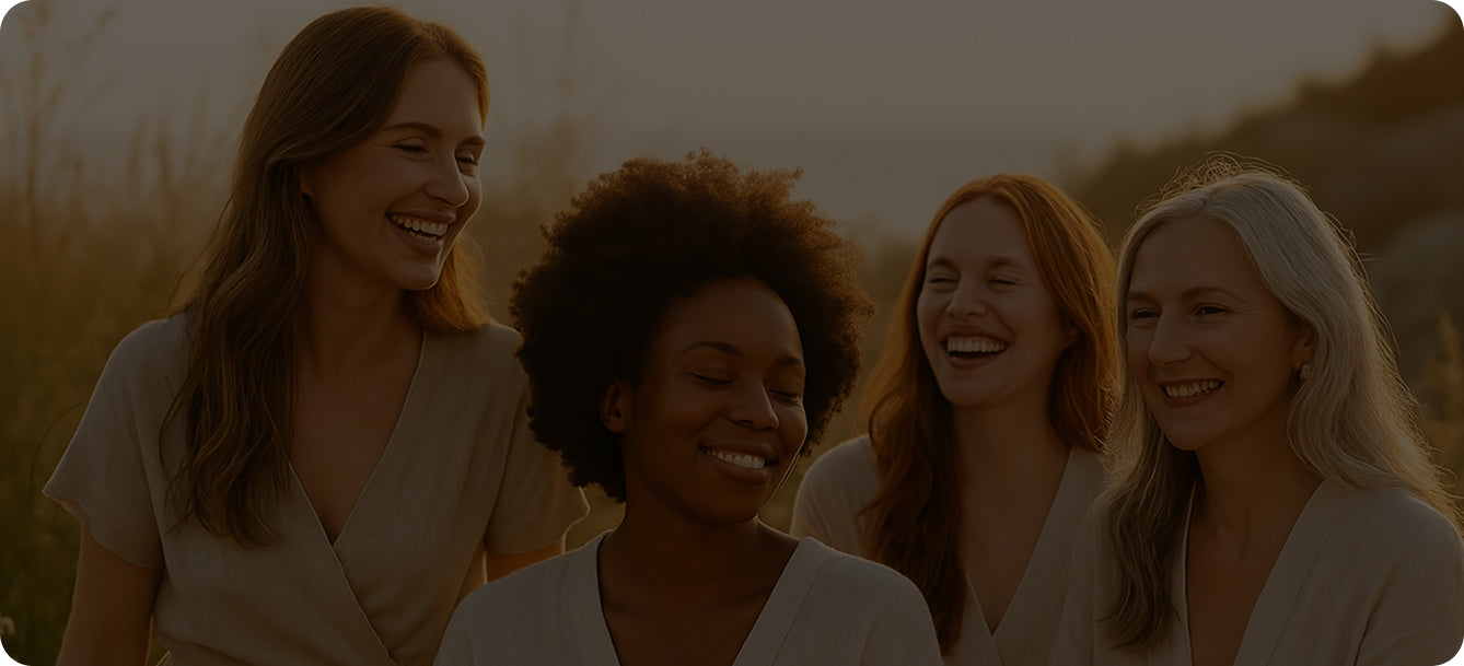 Smiling women of diverse ages and styles — one with pearly hair, others with brown and white hair — sharing a heartfelt moment of joy with Brit Finds