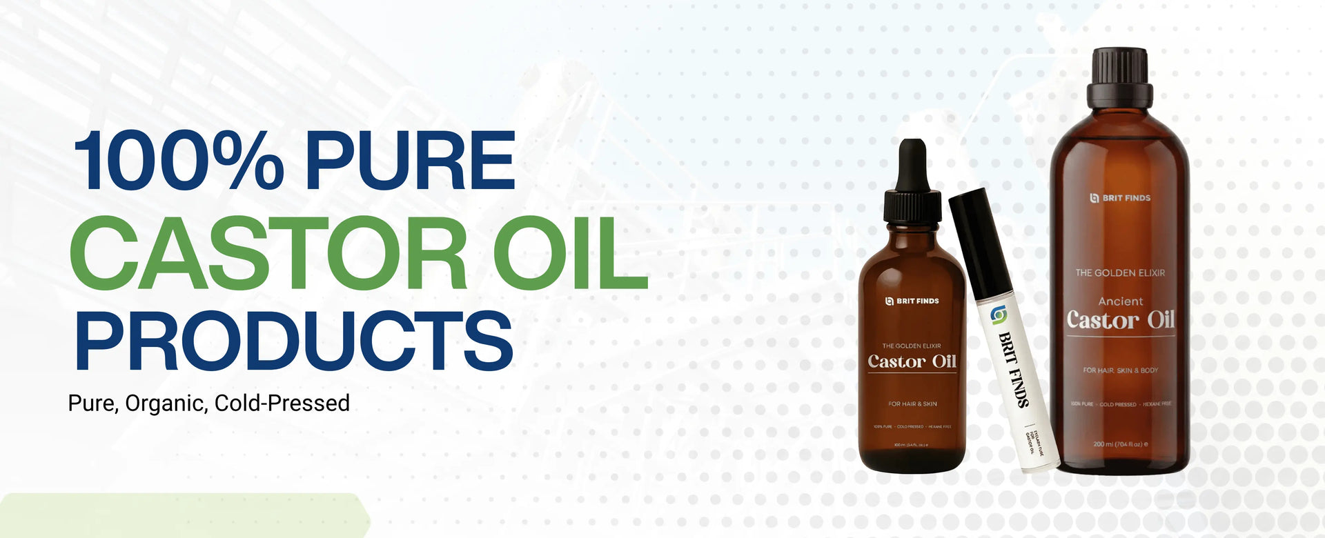 Castor oil products with branding on a light background, Brit Finds