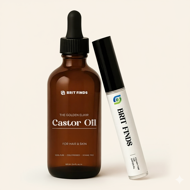 Main product image of BritFinds 100ml Organic Castor Oil bottle with an eyelash applicator tube, displayed on a soft beige background — showcasing the multi-purpose organic oil designed to nourish hair, strengthen lashes, and promote thicker brows naturally