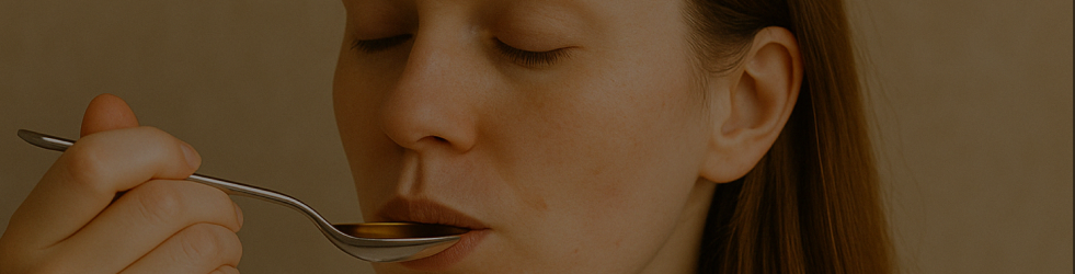 Woman with closed eyes and relaxed expression taking a tablespoon of castor oil — showing natural support for constipation and digestive wellness 

